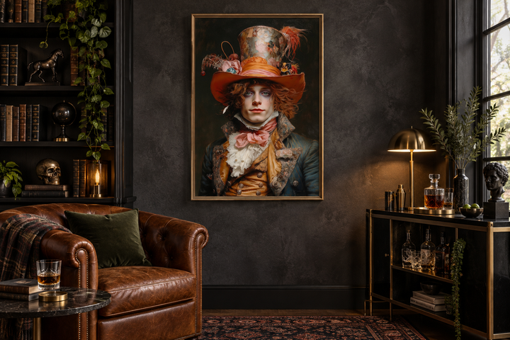 Gothic Mad Hatter framed canvas wall art in a dark academia library setting.