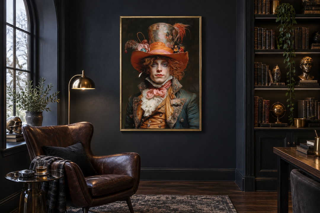 Gothic Mad Hatter framed canvas wall art hanging in a dark academia library above a leather chair.