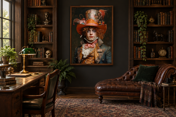 Gothic Mad Hatter framed canvas wall art hanging in a dark academia style library.