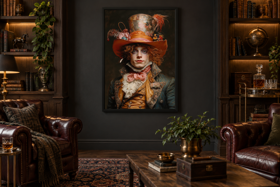 Gothic Mad Hatter framed canvas wall art hanging in a dark academia style library.
