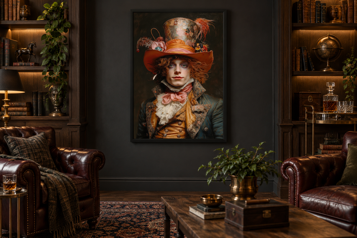 Gothic Mad Hatter framed canvas wall art hanging in a dark academia style library.