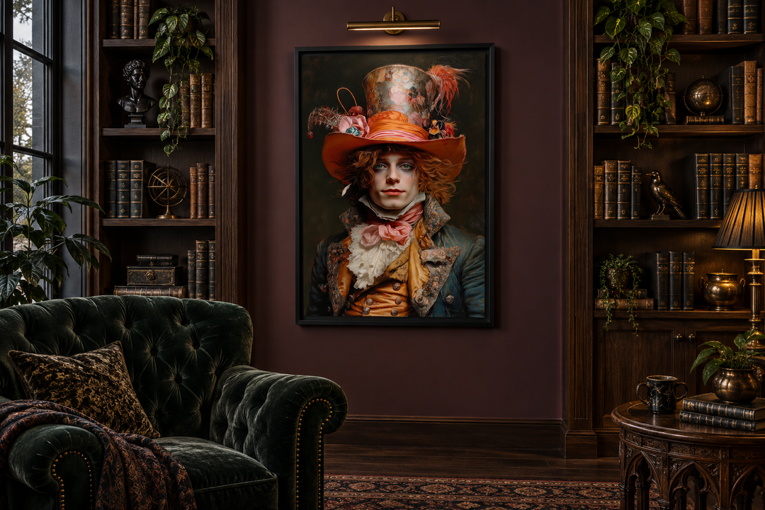 Gothic Mad Hatter framed canvas wall art hanging in a dark academia library with bookshelves.