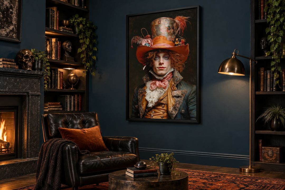 Gothic Mad Hatter framed canvas wall art in a dark academia library setting with a leather chair.