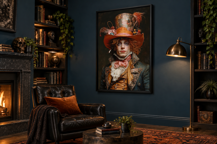 Gothic Mad Hatter framed canvas wall art in a dark academia library setting with a leather chair.