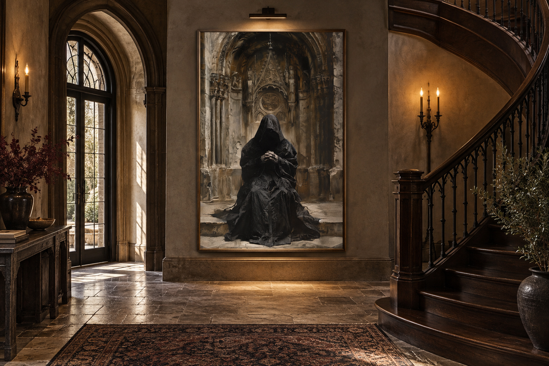 Gothic wall art of a hooded monk praying, framed in a dark medieval-style entryway.