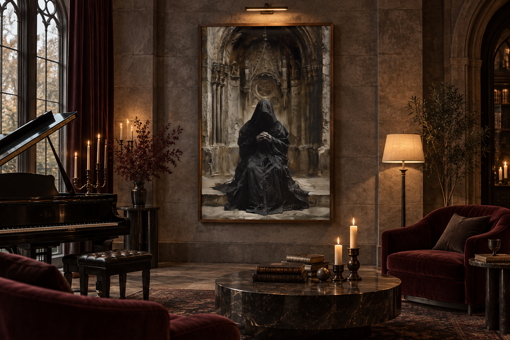 Gothic hooded monk canvas wall art in a dark, medieval-style living room with a grand piano.