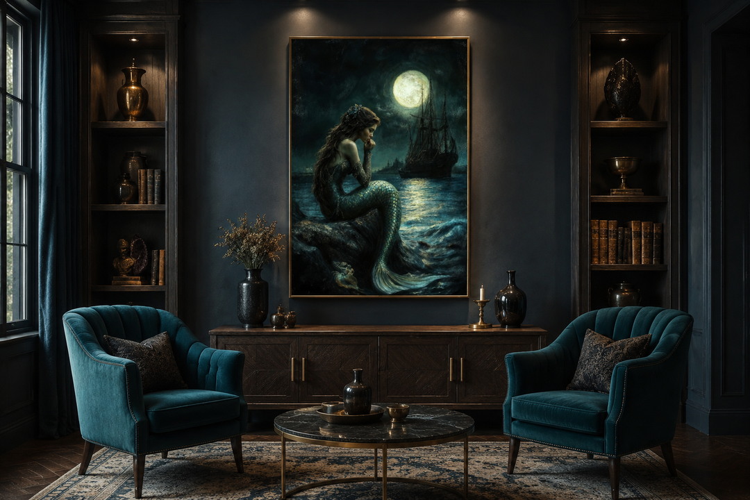 Gothic mermaid wall art featuring a siren, full moon, and pirate ship in a dark, moody living room.