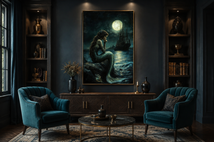Gothic mermaid wall art featuring a siren, full moon, and pirate ship in a dark, moody living room.