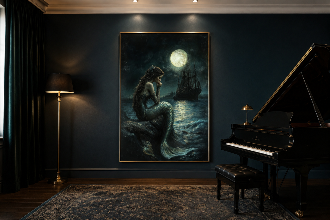 Gothic mermaid wall art in a dark room with a grand piano, full moon, and pirate ship.