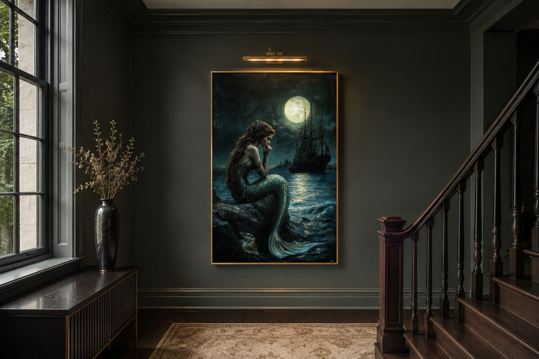 Gothic mermaid wall art featuring a siren, full moon, and pirate ship in a dark interior setting.