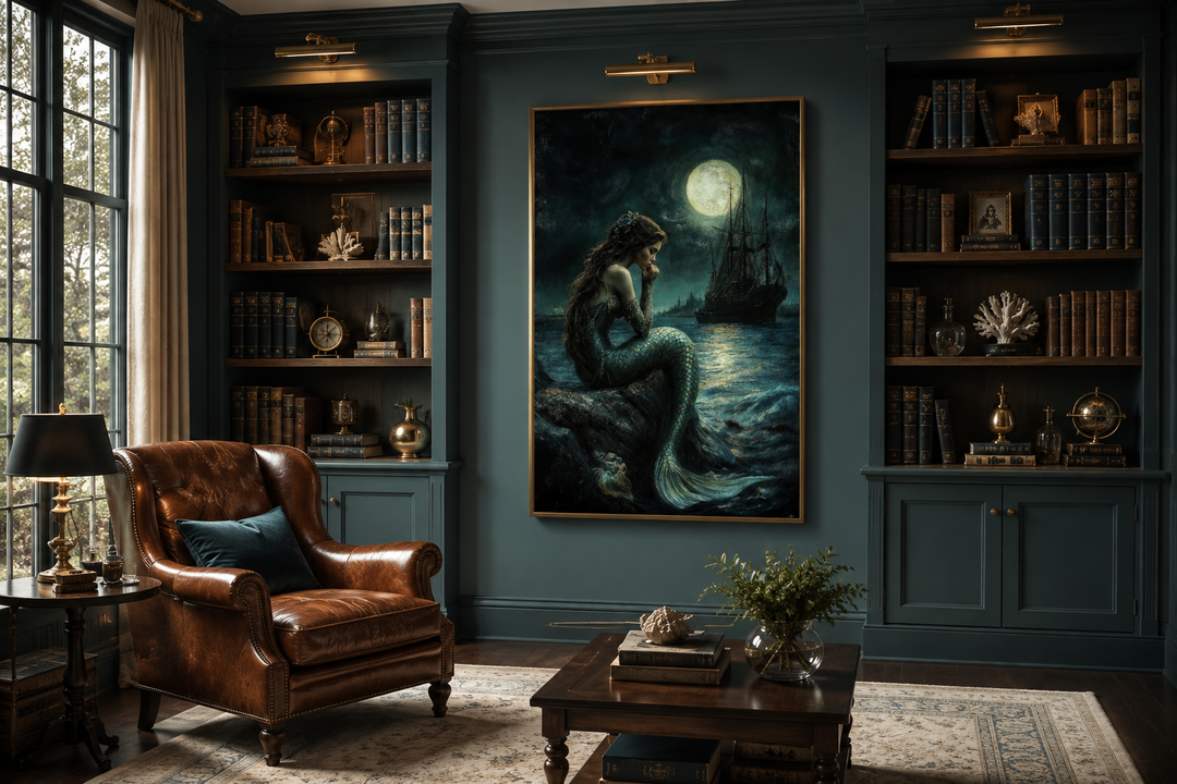 Gothic mermaid wall art featuring a siren, full moon, and pirate ship in a dark library setting.