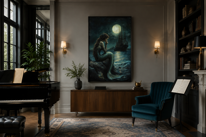 Gothic mermaid wall art featuring a siren, full moon, and pirate ship in a moody living room.