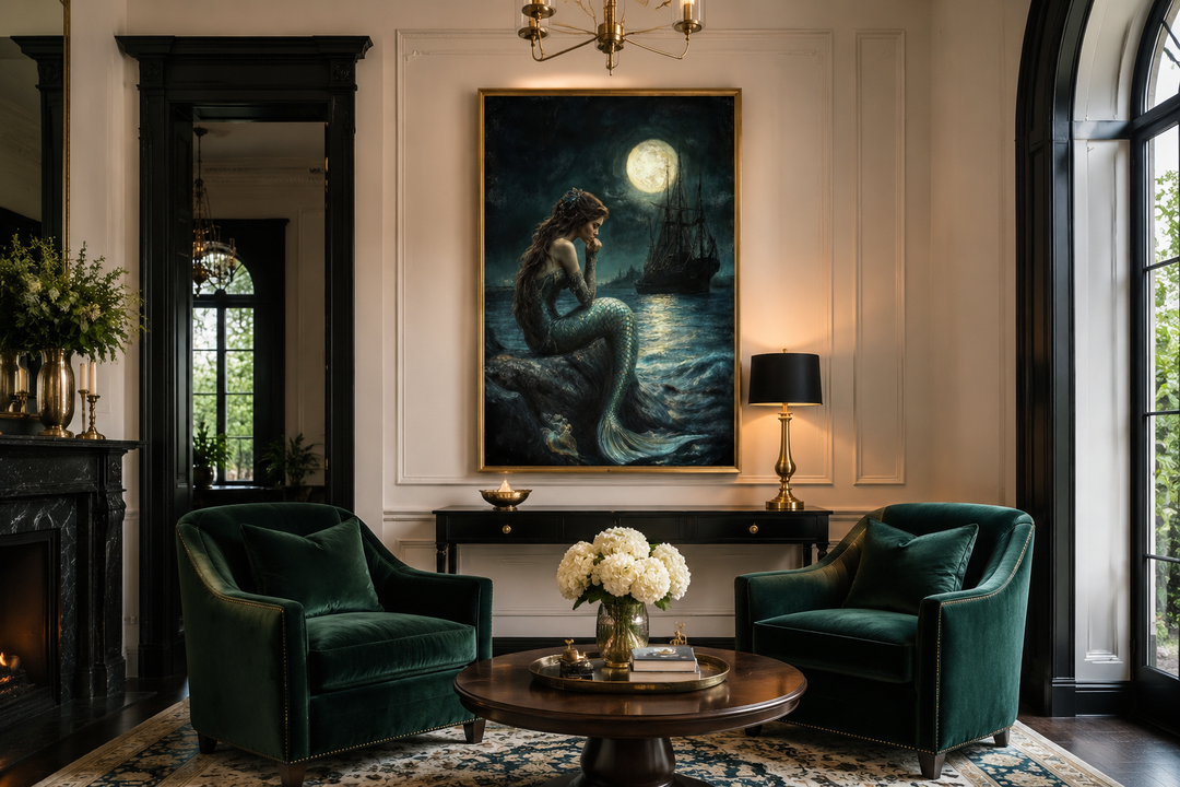 Gothic mermaid wall art featuring a siren, full moon, and pirate ship in a dark ocean fantasy scene.