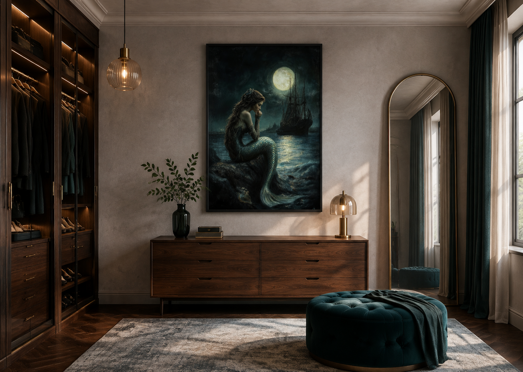 Gothic mermaid wall art above a dresser in a moody room with a full moon and pirate ship.