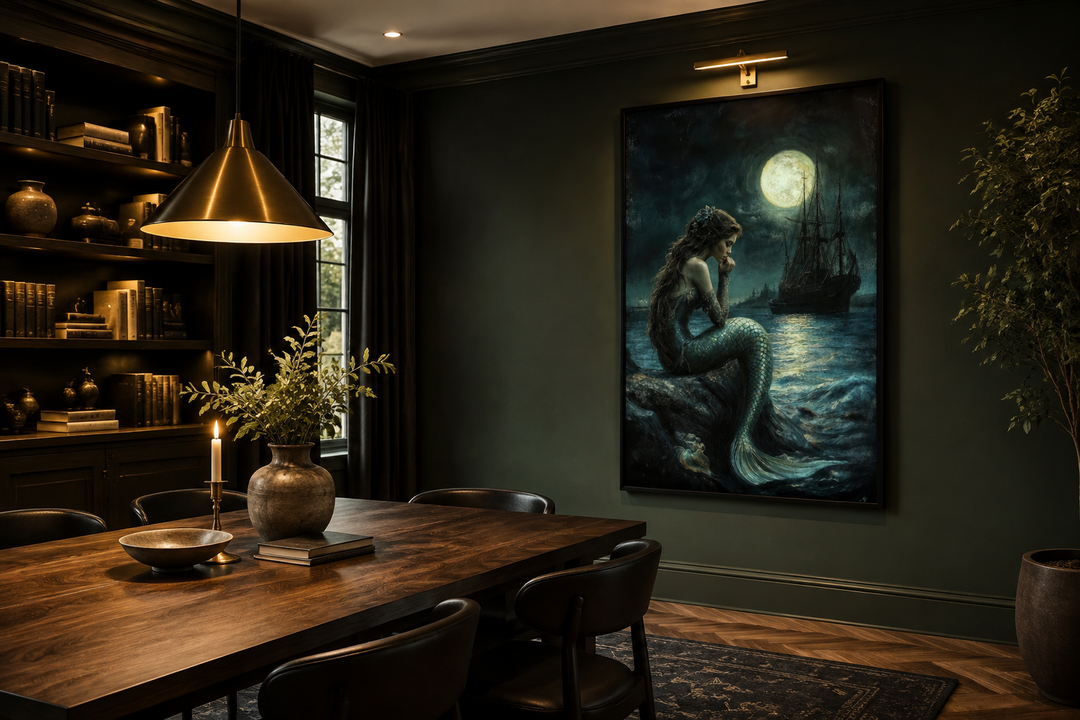 Gothic mermaid wall art in a dark room with a full moon and pirate ship on canvas.