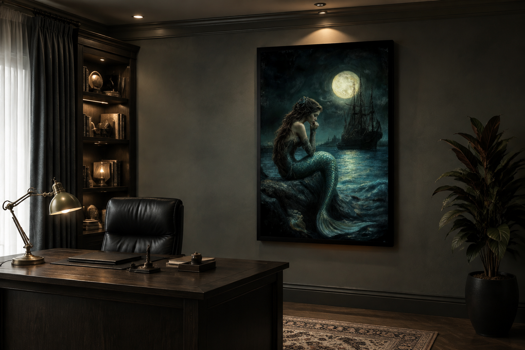 Gothic mermaid wall art in a dark office, featuring a siren, full moon, and pirate ship on canvas.