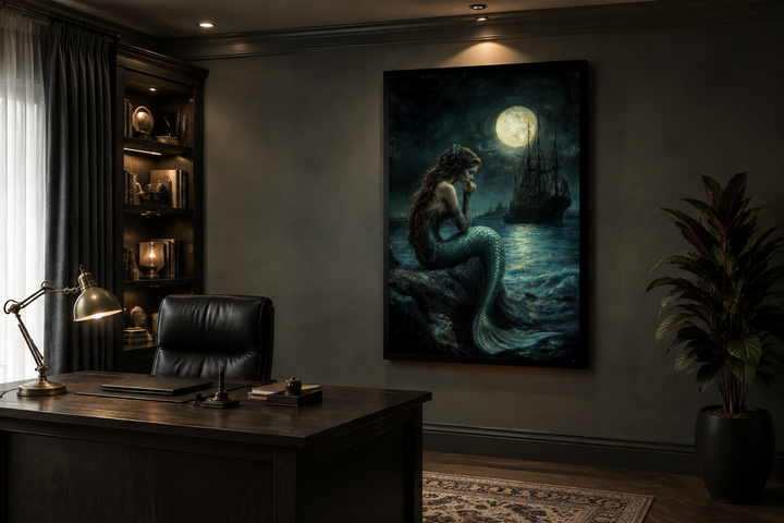 Gothic mermaid wall art in a dark office, featuring a siren, full moon, and pirate ship on canvas.