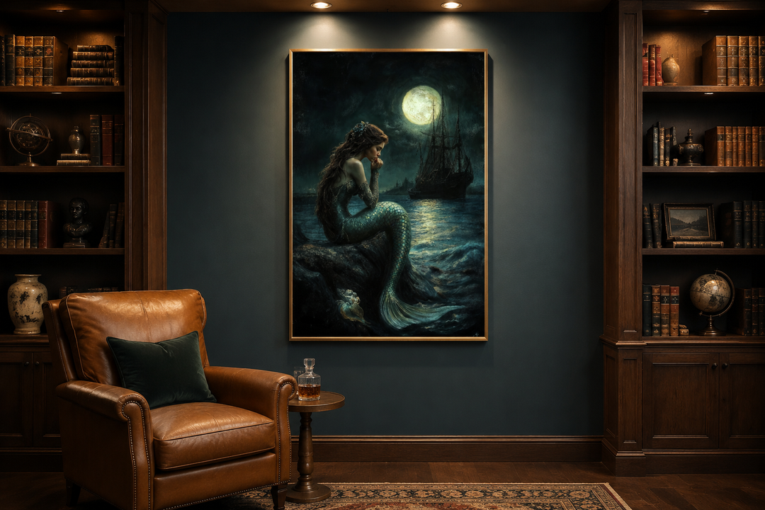 Gothic mermaid wall art in a dark library, featuring a siren, full moon, and pirate ship.