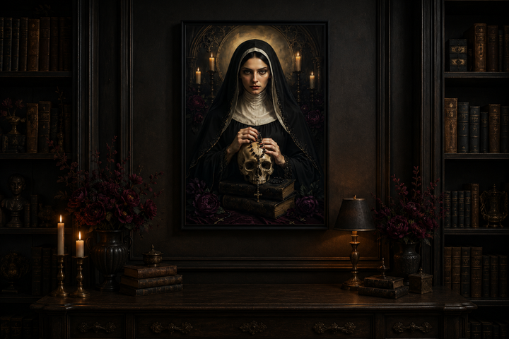 Gothic nun in black habit holding a skull, framed canvas art in a dark library setting.