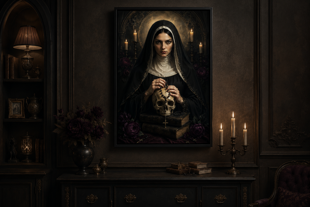 Gothic nun in black habit holding a skull over books, framed canvas art in a dark room.
