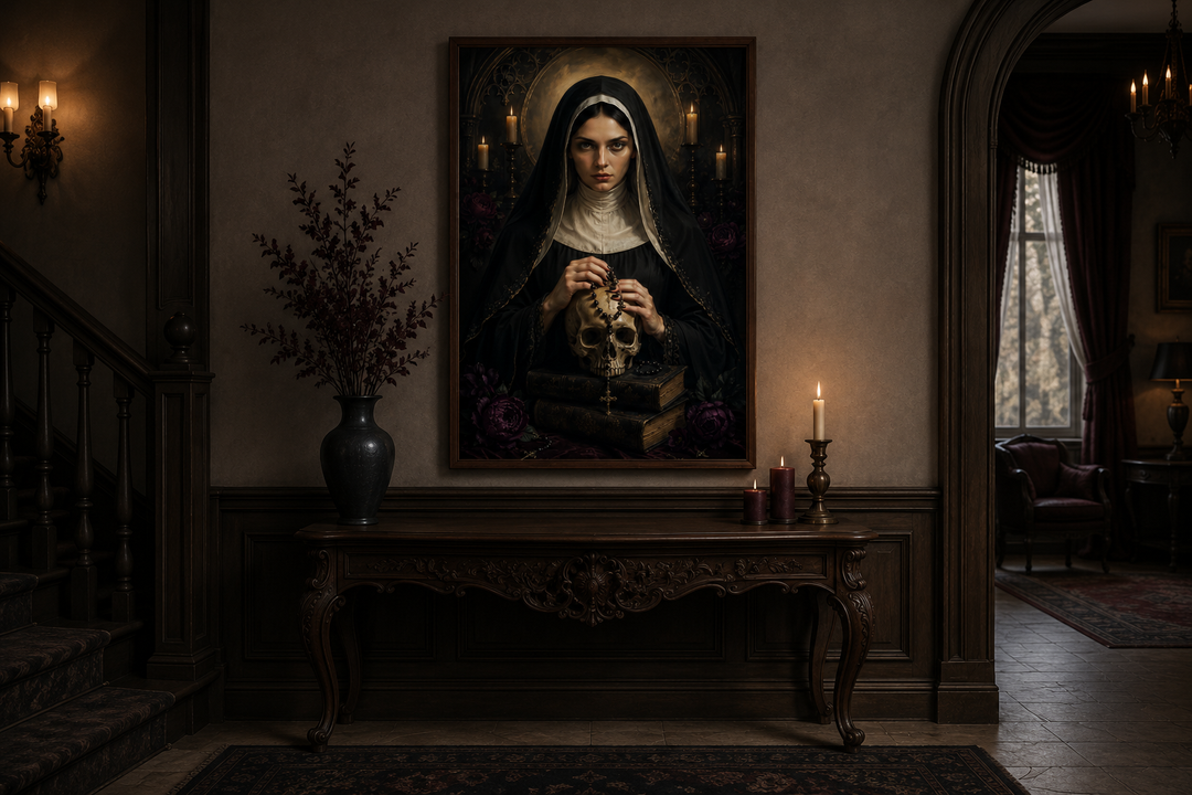 Gothic nun in black habit holding a skull over old books, framed canvas wall art in a dark room.