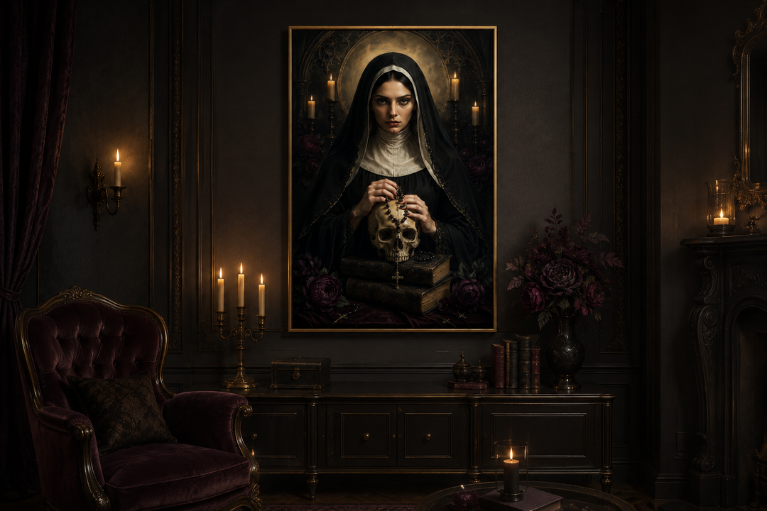 Gothic nun in black habit holding a human skull, framed canvas wall art in a dark, moody room.