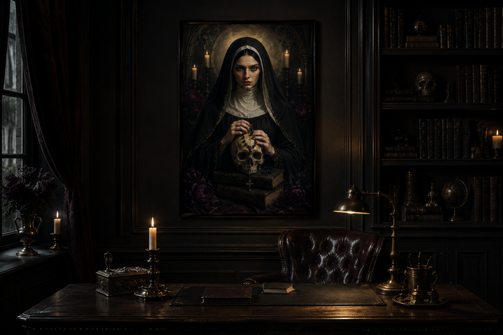 Gothic nun in black habit holding a skull, framed canvas wall art in a dark, moody study.