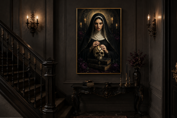 Gothic nun in black habit holding a skull, framed canvas wall art in a dark, ornate room.