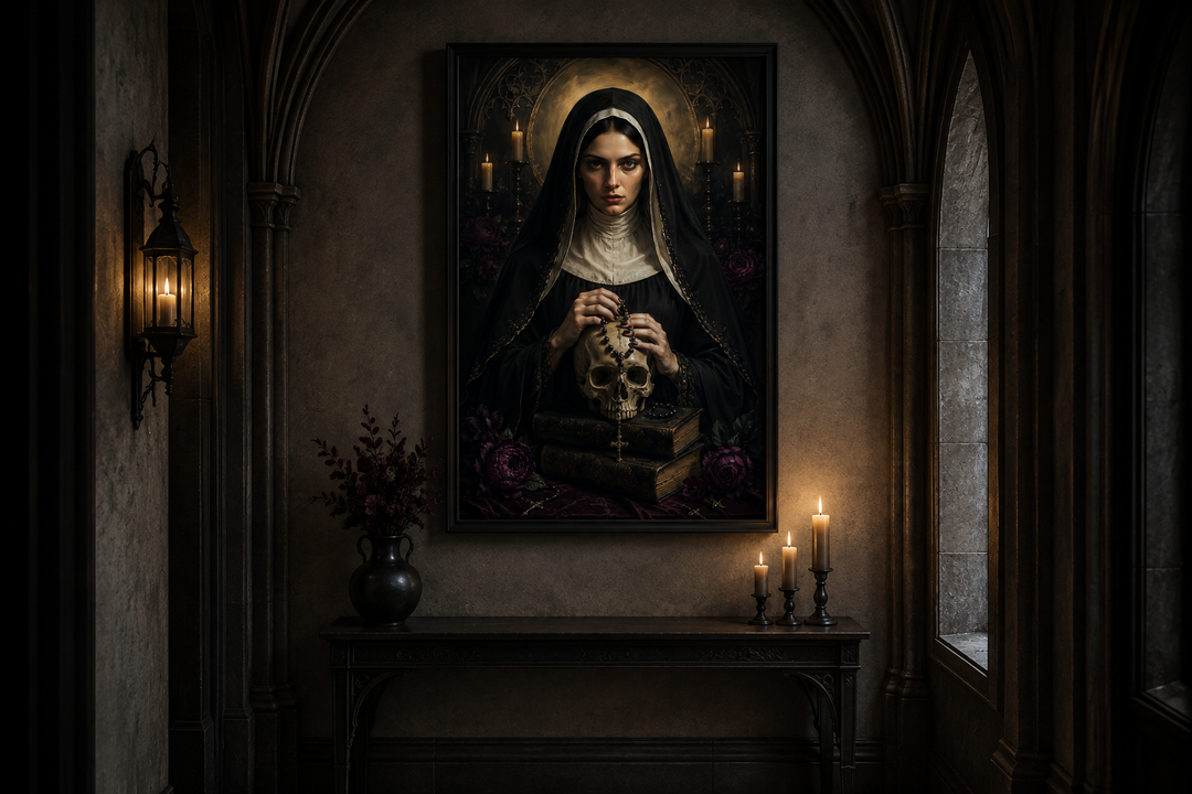 Gothic nun in black habit holding a skull, framed canvas wall art in a dark, candlelit room.
