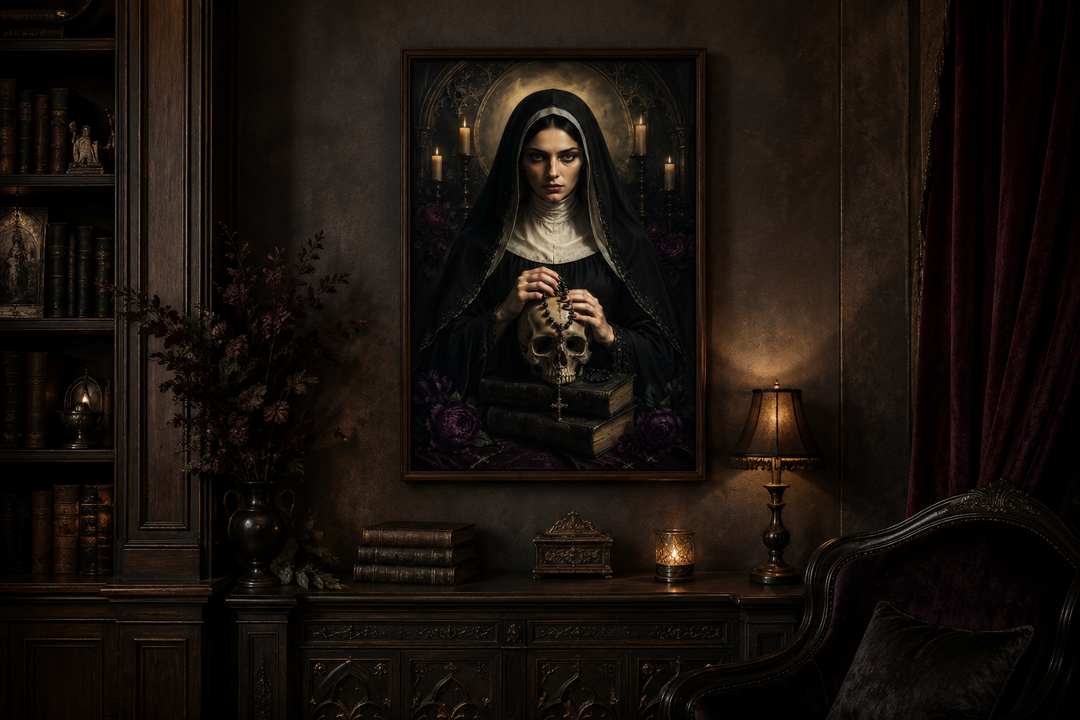 Gothic nun in black habit holding a skull over books, framed canvas wall art in a dark room.