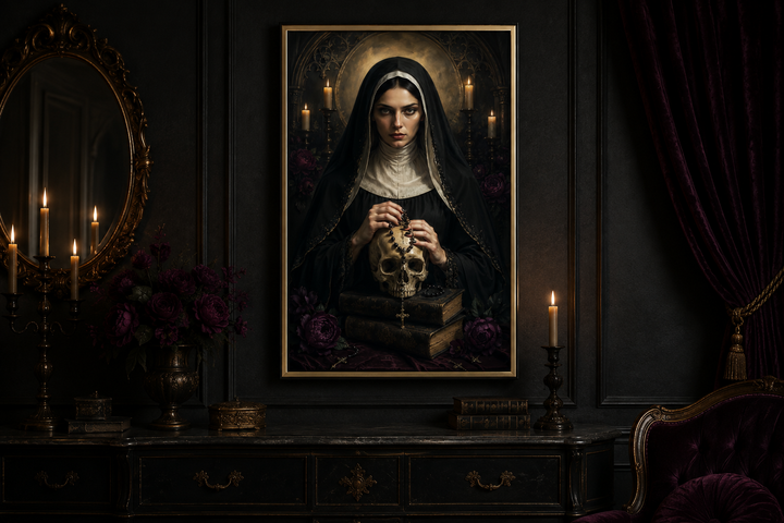 Gothic nun in black habit holding a skull over old books, framed canvas wall decor in a dark room.