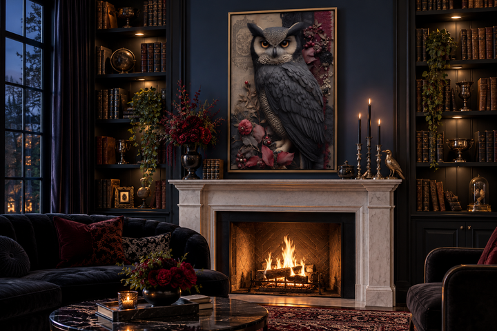 Gothic owl canvas wall art with dark florals hanging above a fireplace in a moody library setting.