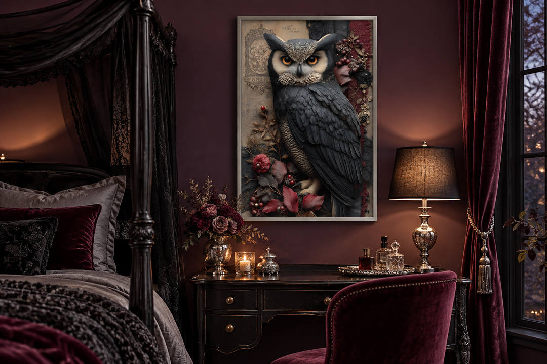 Gothic owl canvas wall art featuring dark florals and a majestic owl in a moody bedroom setting.