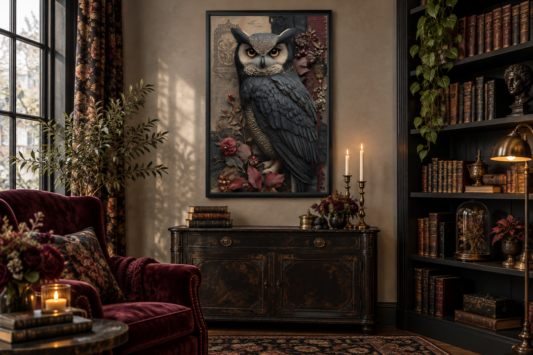 Framed canvas wall art of a majestic owl with dark florals in a moody, gothic-style library.