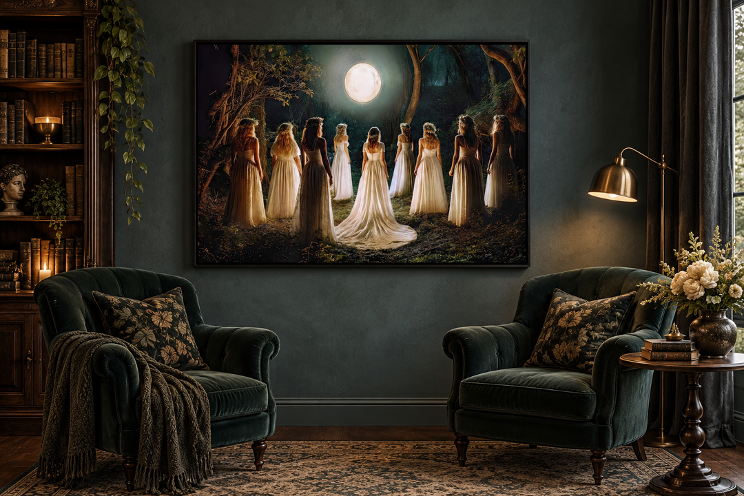 Witches dancing in a circle under a full moon in a magical forest canvas art in a dark reading room.
