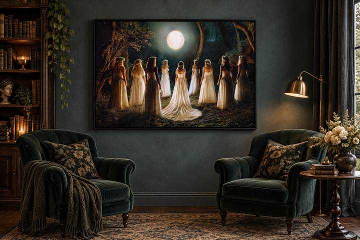 Witches dancing in a circle under a full moon in a magical forest canvas art in a dark reading room.