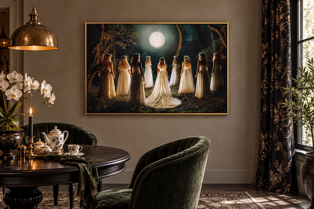 Framed canvas art of witches in white dresses dancing in a moonlit forest above a dark dining table.