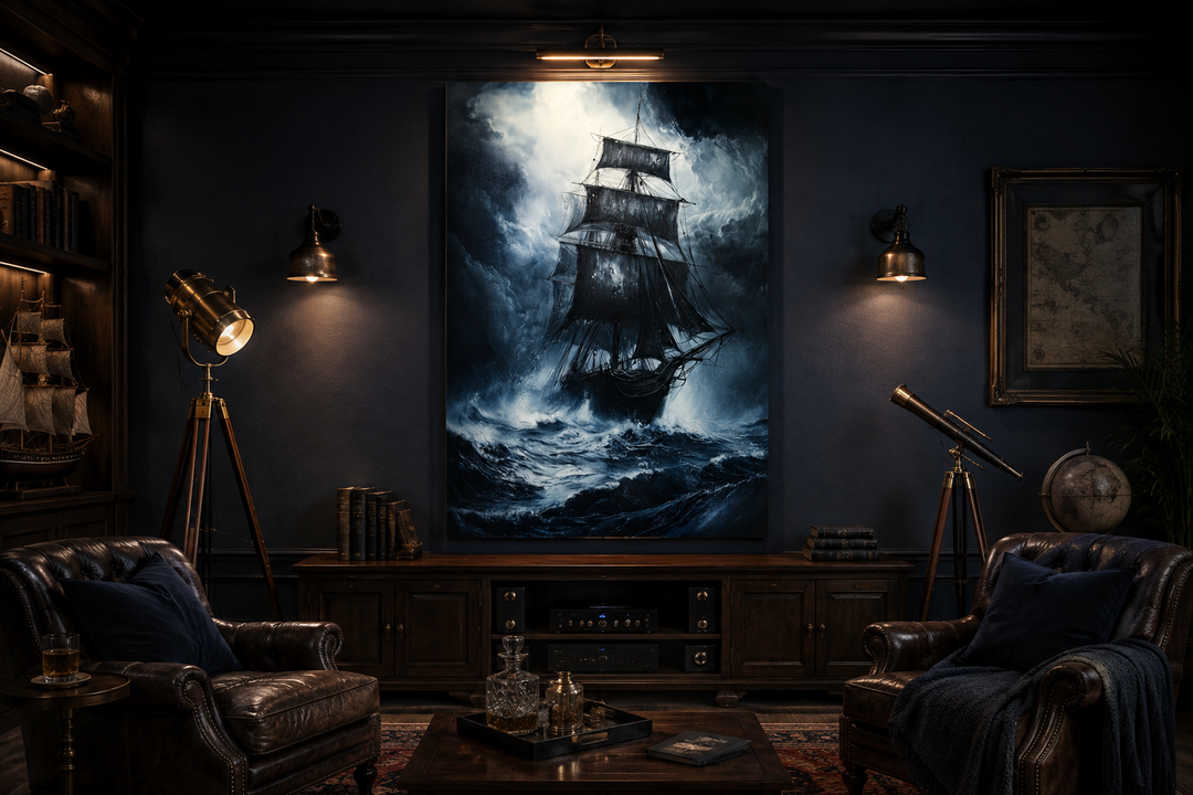 Gothic framed canvas wall art of a ghost pirate ship on a stormy ocean in a dark nautical office.