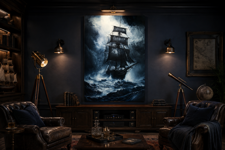 Gothic framed canvas wall art of a ghost pirate ship on a stormy ocean in a dark nautical office.