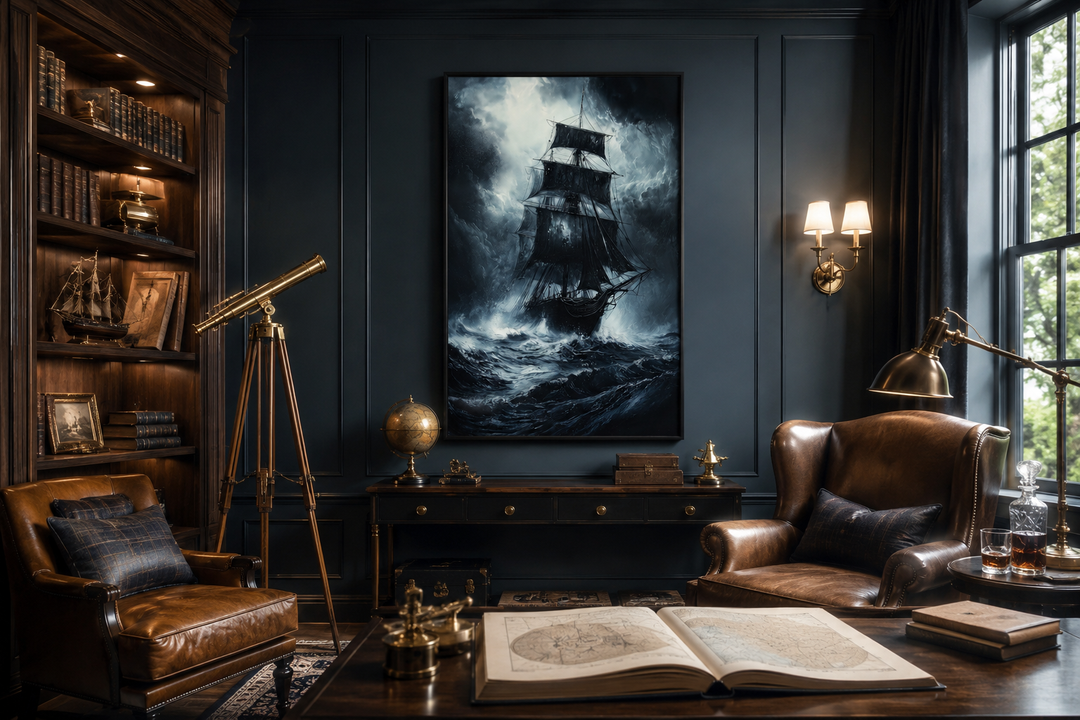 Gothic framed canvas wall art of a ghost pirate ship in a stormy ocean in a dark academia office.
