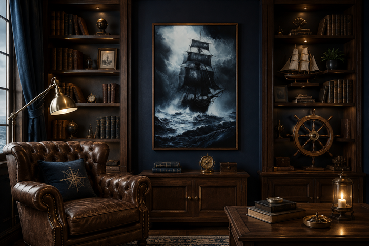 Gothic framed canvas art of a ghost pirate ship in a stormy ocean, hung in a dark academia office.