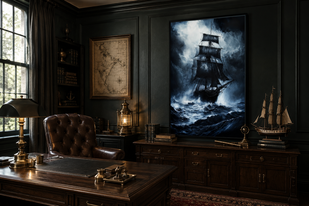 Framed canvas art of a ghostly pirate ship in a stormy ocean, hung in a dark nautical office.