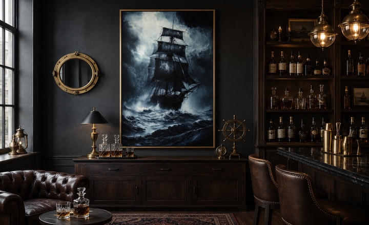 Gothic framed canvas wall art of a ghost pirate ship in a stormy ocean for nautical office decor.