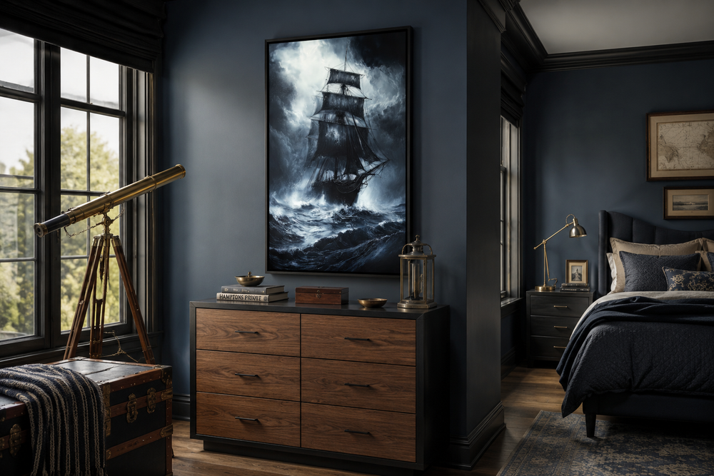 Gothic framed canvas wall art of a ghost pirate ship on a stormy ocean in a dark academia bedroom.