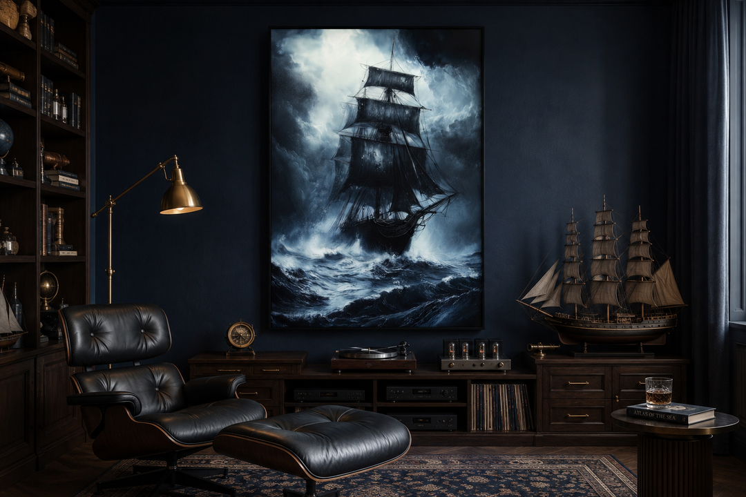 Ghost pirate ship framed canvas wall art in a dark academia office with a leather lounge chair.