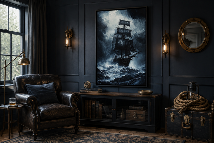Gothic framed canvas wall art of a ghost pirate ship in a stormy ocean in a dark office setting.