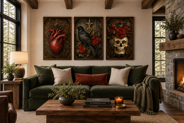 Gothic wall art set of 3 featuring a raven, skull, and anatomical heart above a green sofa.