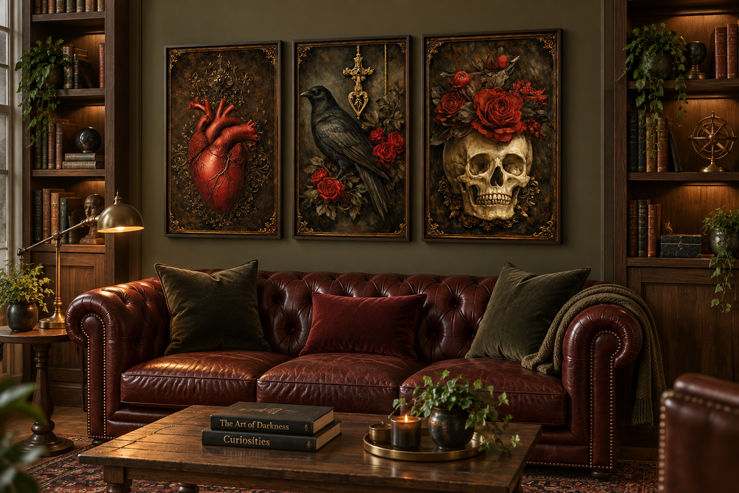 Gothic wall art set of 3 featuring a raven, skull, and anatomical heart above a leather sofa.