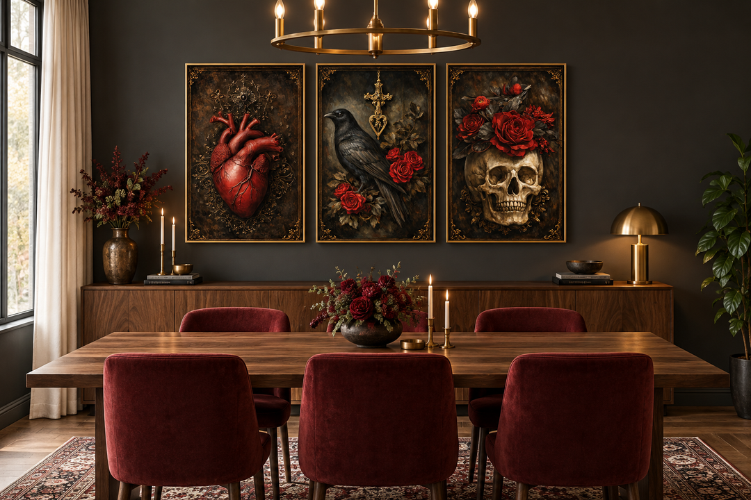 Gothic wall art set of 3 featuring a raven, skull, and anatomical heart in a Victorian dining room.