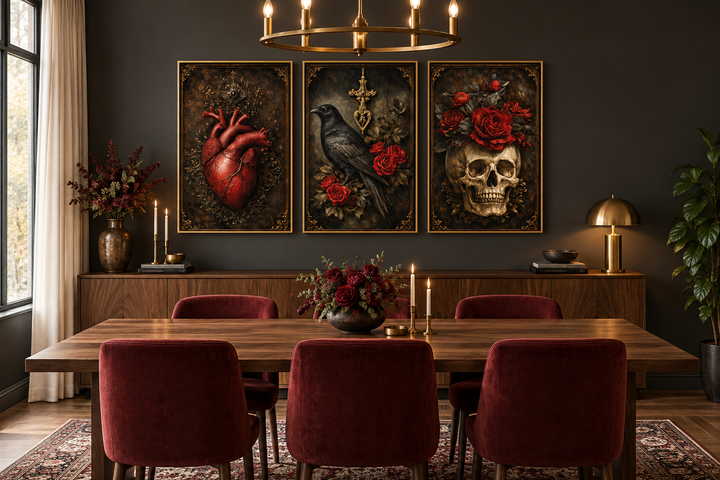 Gothic wall art set of 3 featuring a raven, skull, and anatomical heart in a Victorian dining room.